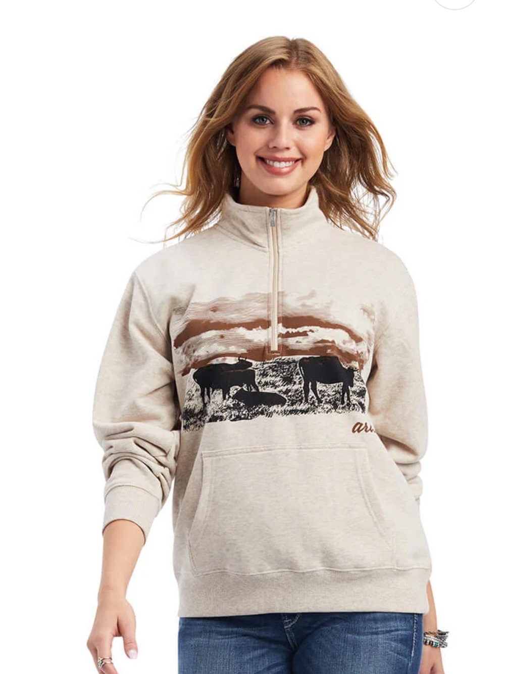 Ariat REAL Scenic 1/2 Zip Sweatshirt Size Small Western Ranch Graphic Pullover - Picture 2 of 7